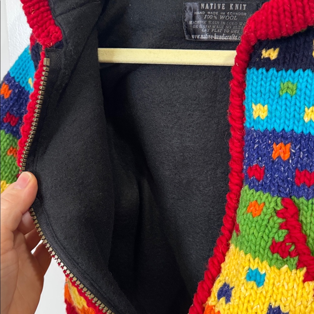 NATIVE KNIT 100% WOOL RAINBOW HOODED FLEECE CARDIGAN 2T-3T - Picture 4 of 8